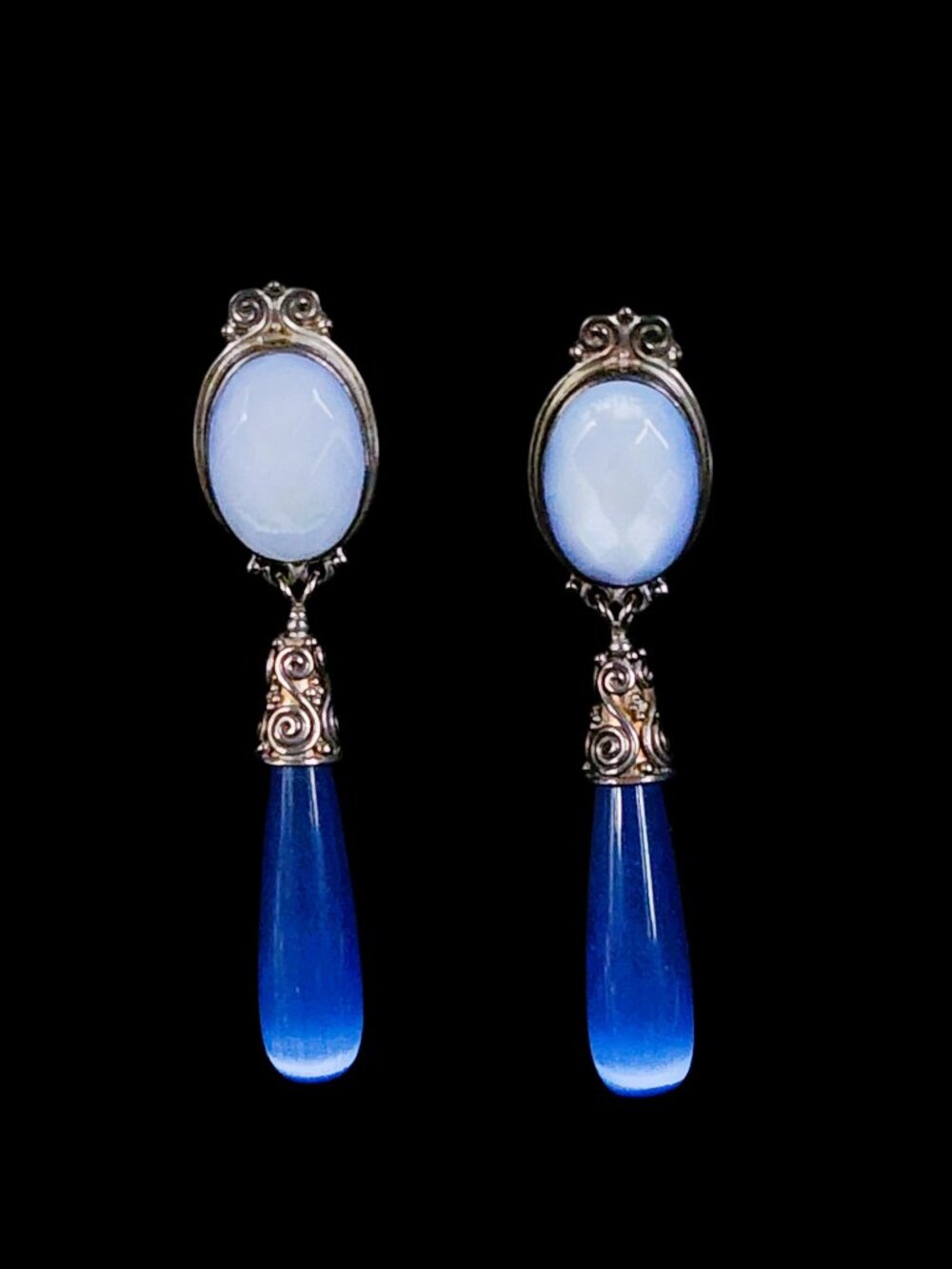 Vintage 90s Sajen 925 Sterling Silver Blue Chalcedony Statement Drop Earrings